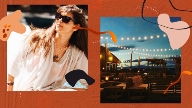 Yasmina Benazzou; Crows Nest Inn & Restaurant is pictured to the right of the collage; a spot for Outdoor Dining in the Hamptons with wooden benches and tables;wooden dividers