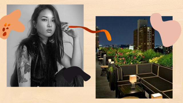 Stephanie Chang with PhD rooftop in the evening; there are shrubs around black couches for lounging