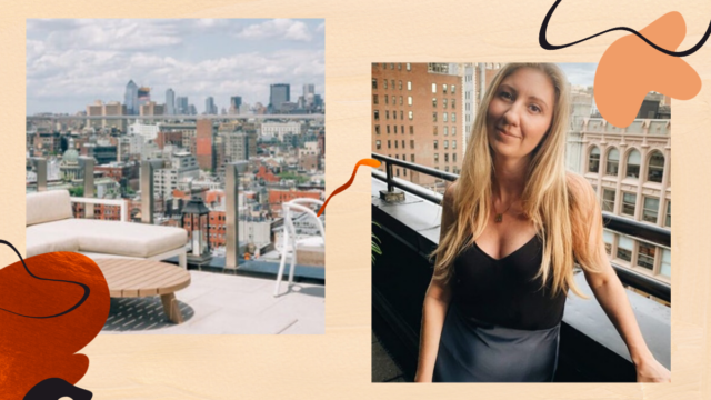 Monica Dimperio standing on a rooftop; to the left of the collage is The Crow rooftop overlooking NYC