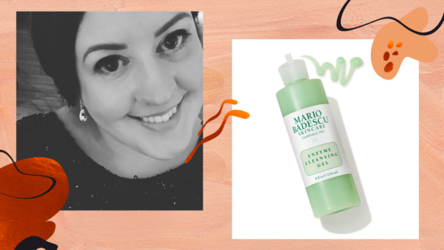 Lauren-Michelle McKeague; with a bottle with a light green gel; labeled Mario Badescu Enzyme Cleansing Gel