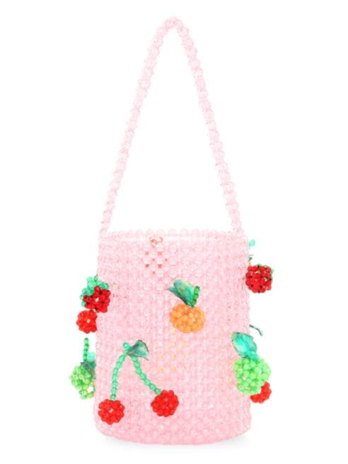 susan alexandra bucket bag made with light pink beads and beads of various fruit spread evenly across the bag