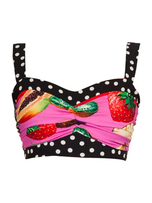 black and white polka dot bra top with a pink; fruit-print charmeuse