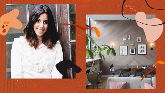 Silka wearing a white dress next to photo of a dining room with a series of photos