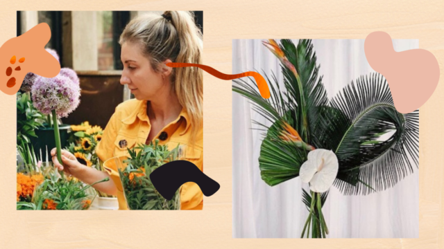 Monica Dimperio looking at a purple flower plant; a tropical floral arrangement in photo next to her