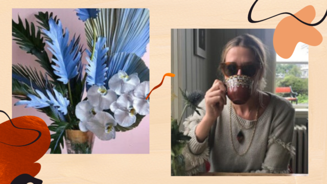 Abby Yemm looking straight with a blue flower plant on her right; to the left of the collage is a vase filled with blue and green plants; there are white with blue flowers in the vase; from Flower Witch
