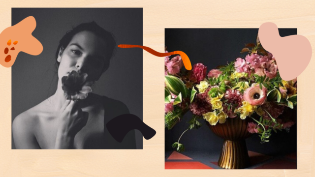 Penny Gac holding a flower plant and kissing it; to the right of the collage is a big brass vase filled with pink flowers and yellow flowers; there are green leaf plants in the arrangement made by JenyaFlowers