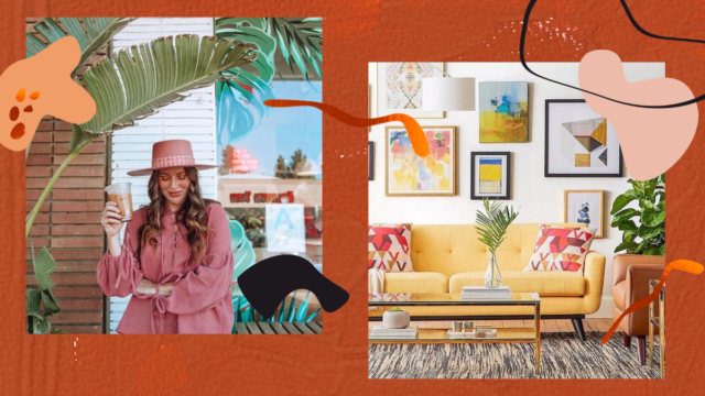  Ashley wearing a pink hat with a pink sweater blouse; a bright couch with abstract photos in the photo next to her