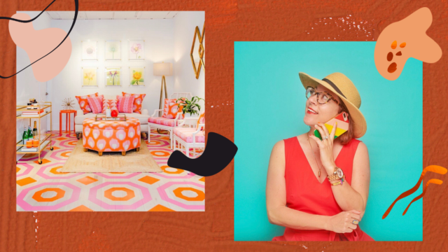 Liz is wearing a tan hat with a brown strap and a red dress with some jewelry; hexagonal carpet pattern in a living room